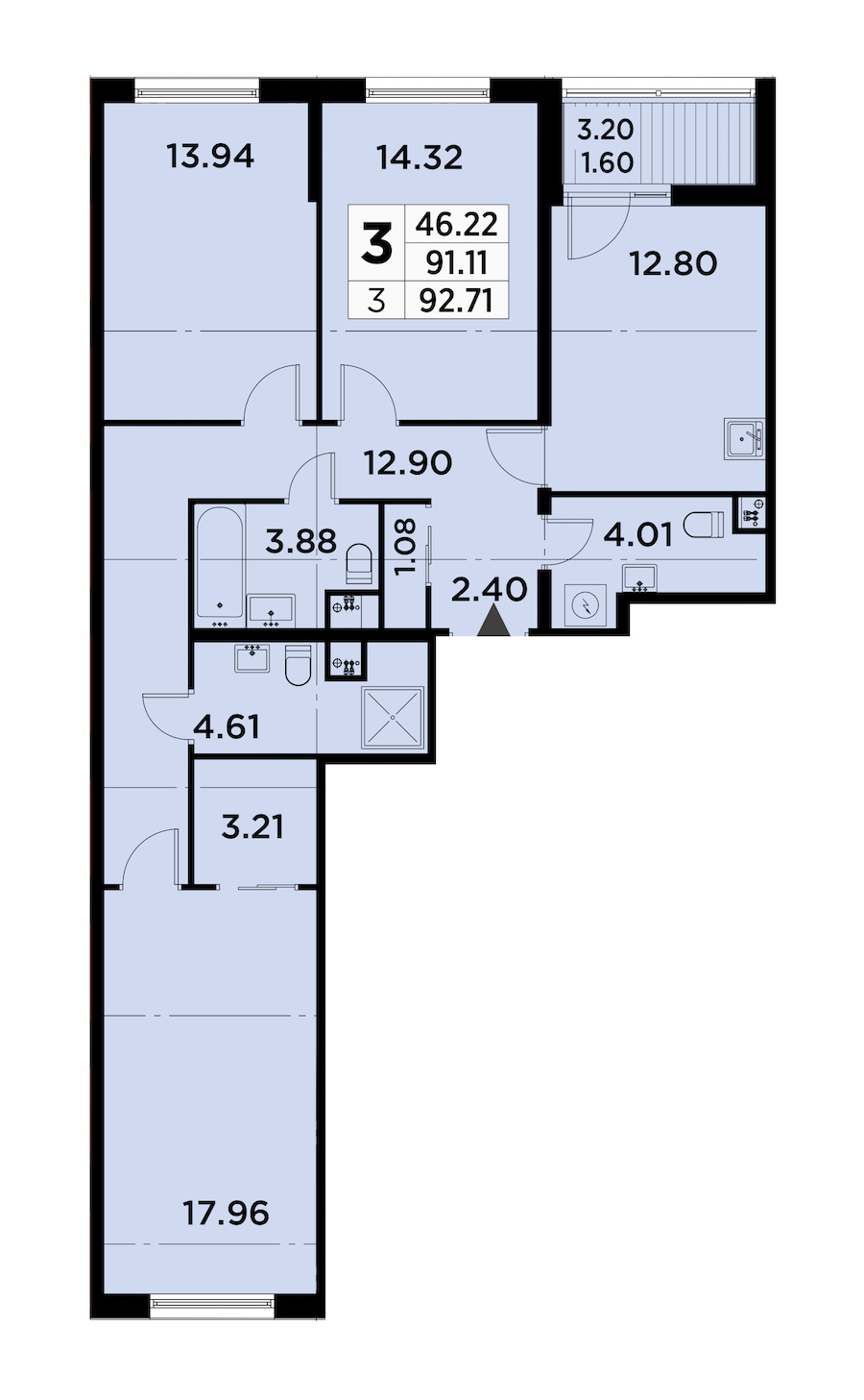 3-комнатная квартира 92.71 м², 2/14 эт., ЖК «GloraX City Zanevsky»